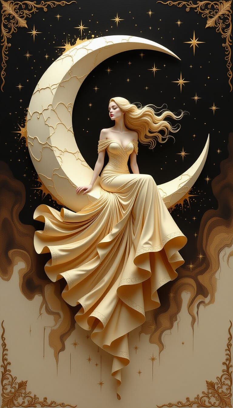 Mystical Woman on Moon in Ethereal Oil Painting