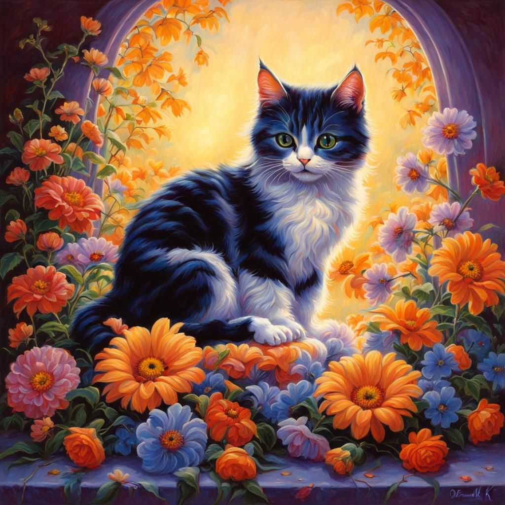Cute Cat Surrounded by Flowers in Fantasy Art Style