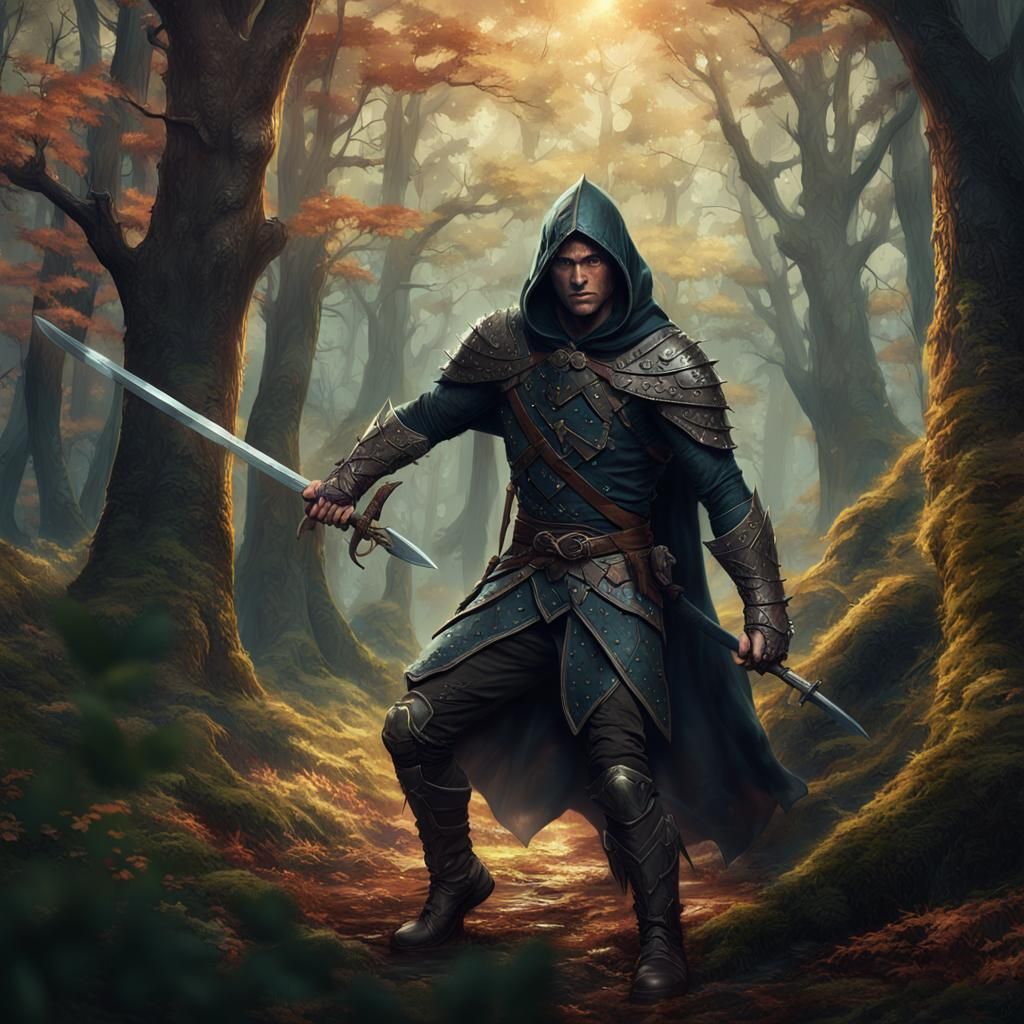 Half Elf Ranger in Forest, D&D Fantasy Art
