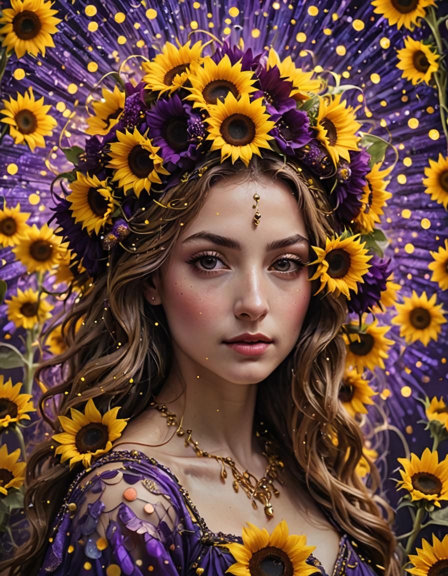 Sunflower Crown in Surrealist Style with Polka Dots