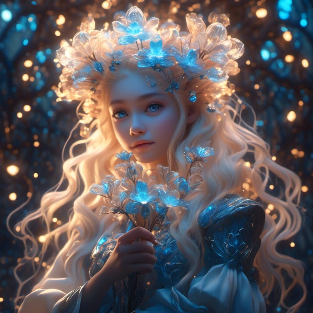 Girl with Bioluminescent Flower, Digital Art