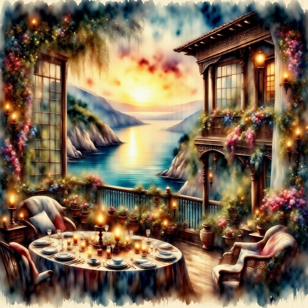 Cliffside Villa Sunset in Watercolor Style