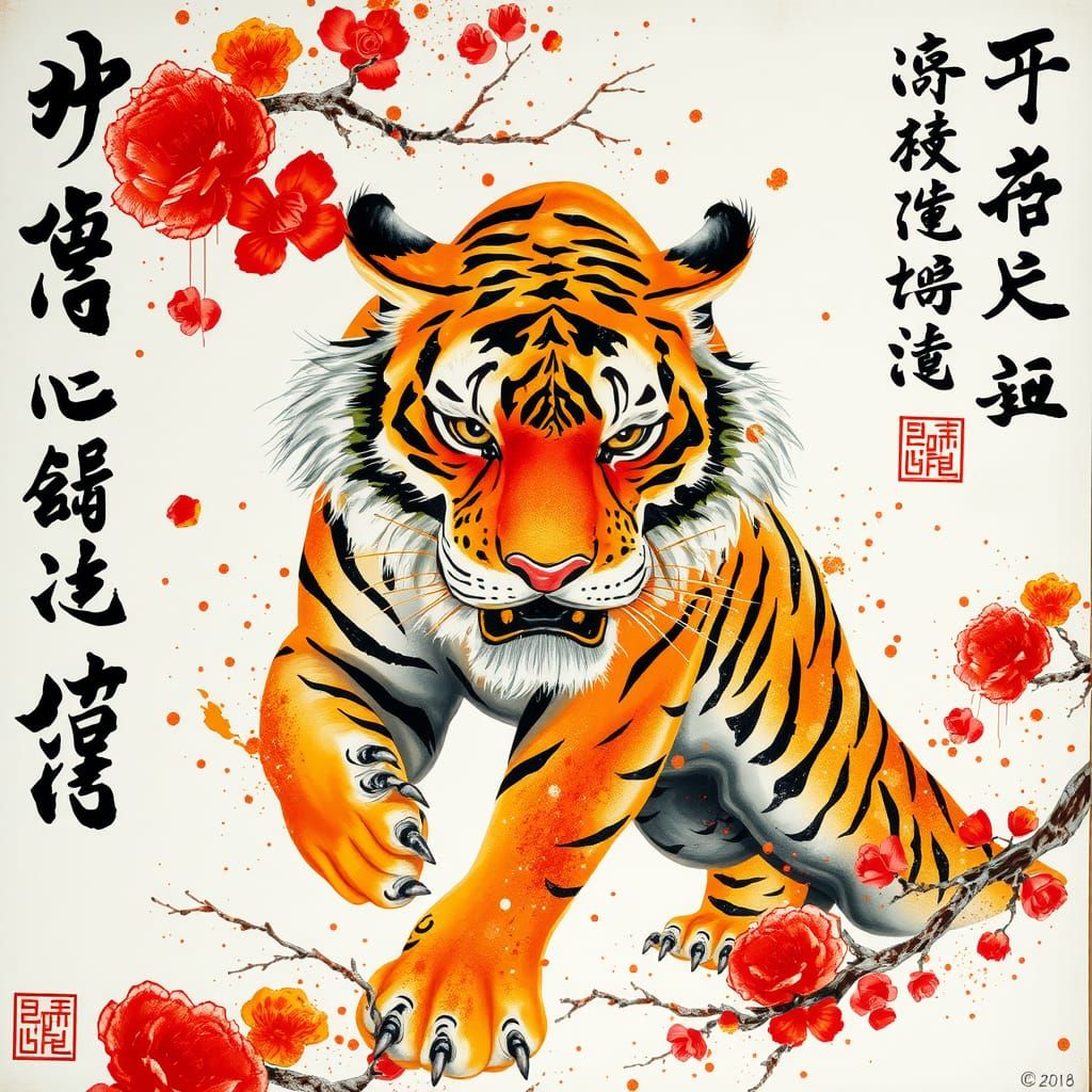 Golden Tiger with Chinese Calligraphy in Watercolor Style