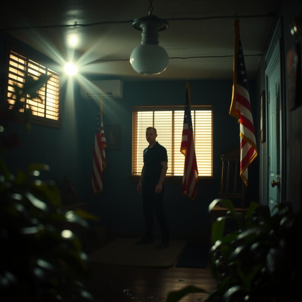 cinematic film still. medium shot. Waterboarding scene in a ...