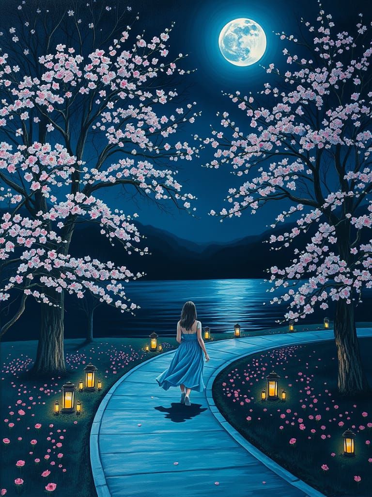 Serene Blue Moon Night Scene with Blossoming Trees and Lady