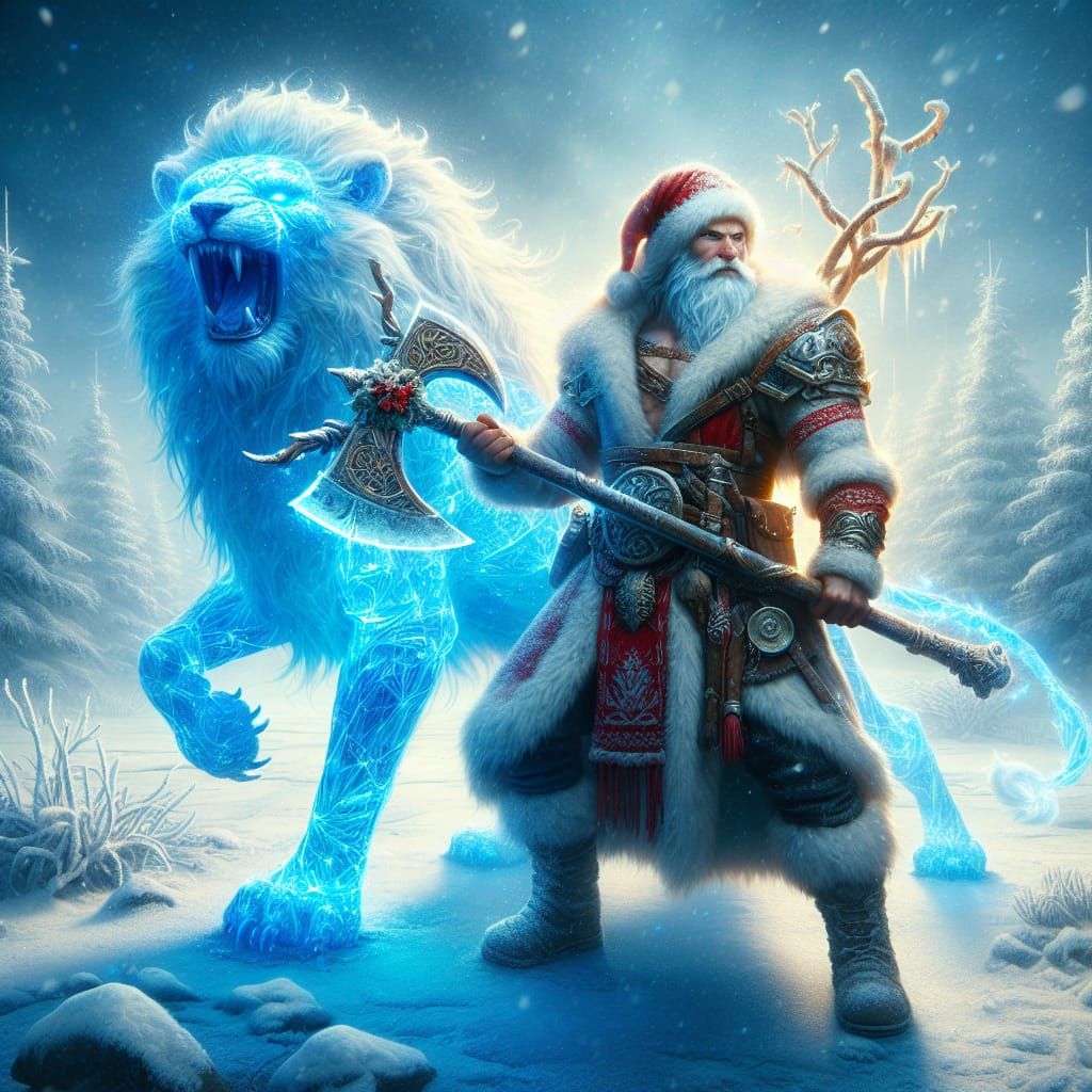 Christmas Fantasy Figure Wields Luminescent Axe Beside Majes...