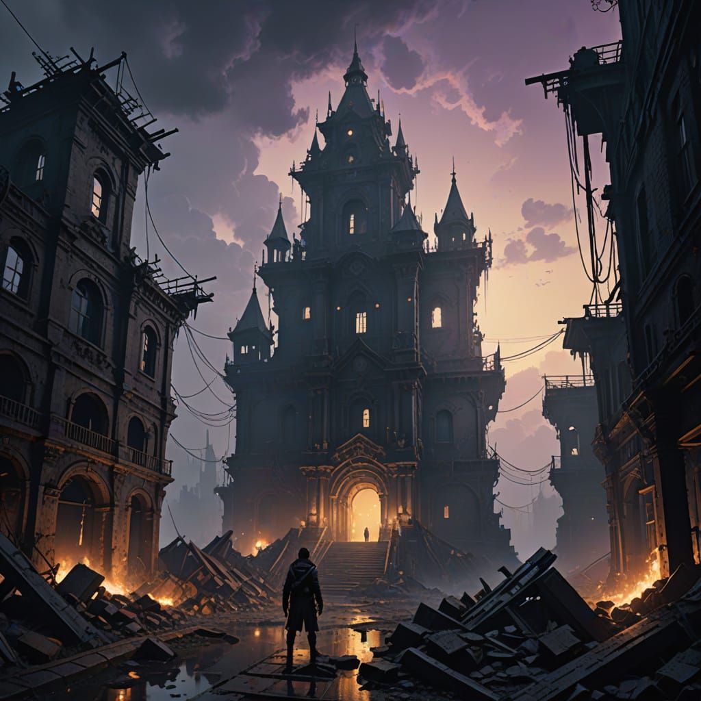 Dark Fantasy Survivor in a Scrap City Ruin Scene