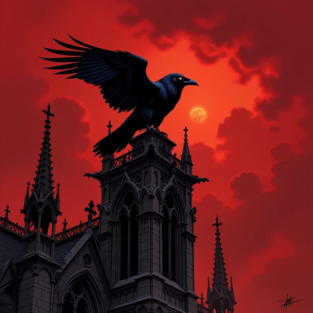 Raven on Gothic Tower in Dark Fantasy Style
