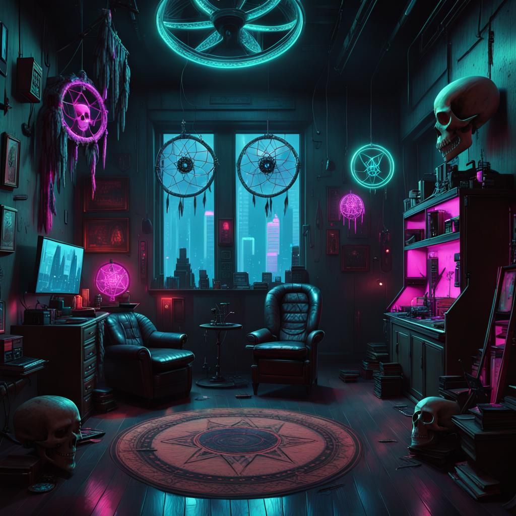 Cyberpunk Witch House Interior with Neon Accents