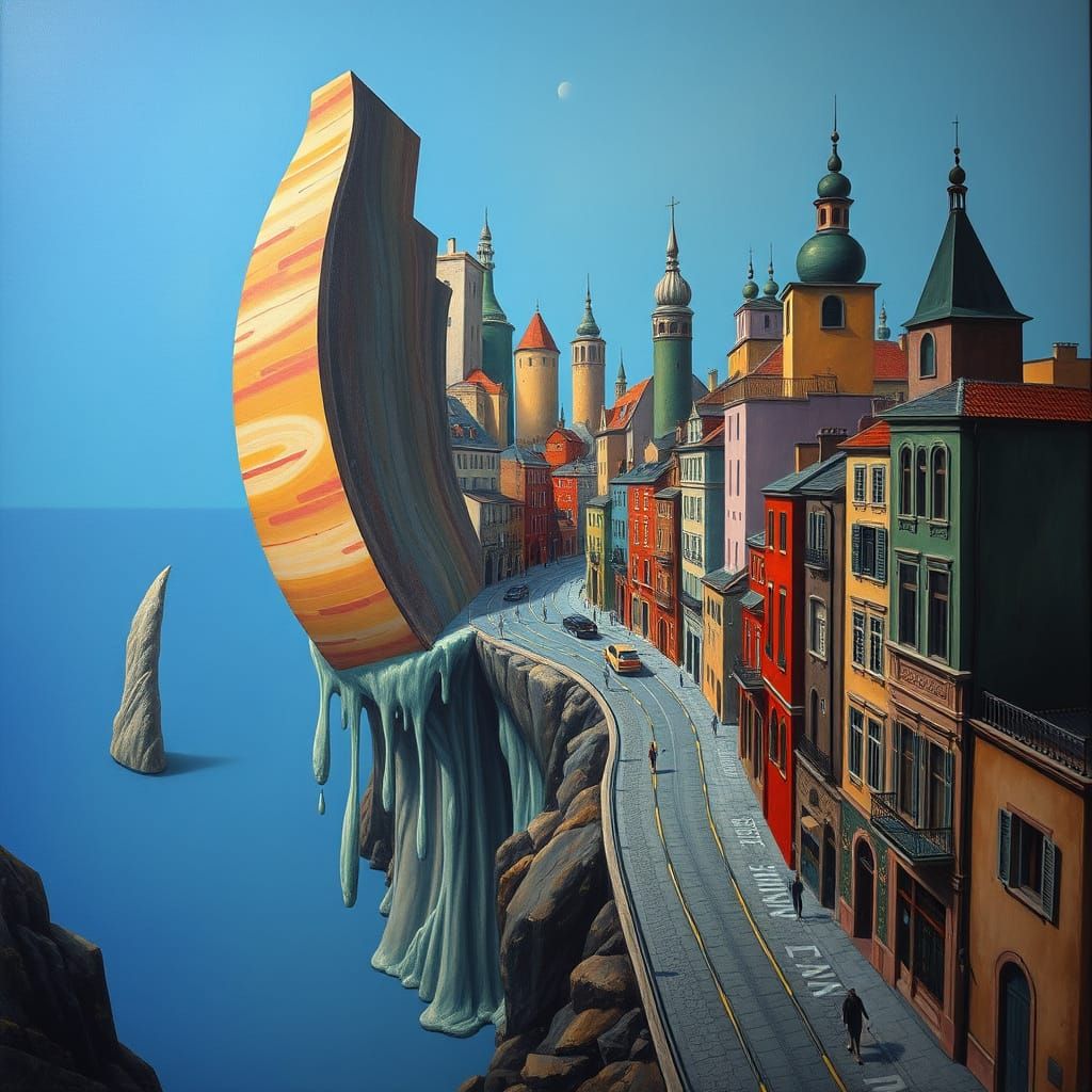Dreamlike Surrealist Townscape in Oil Paint Style