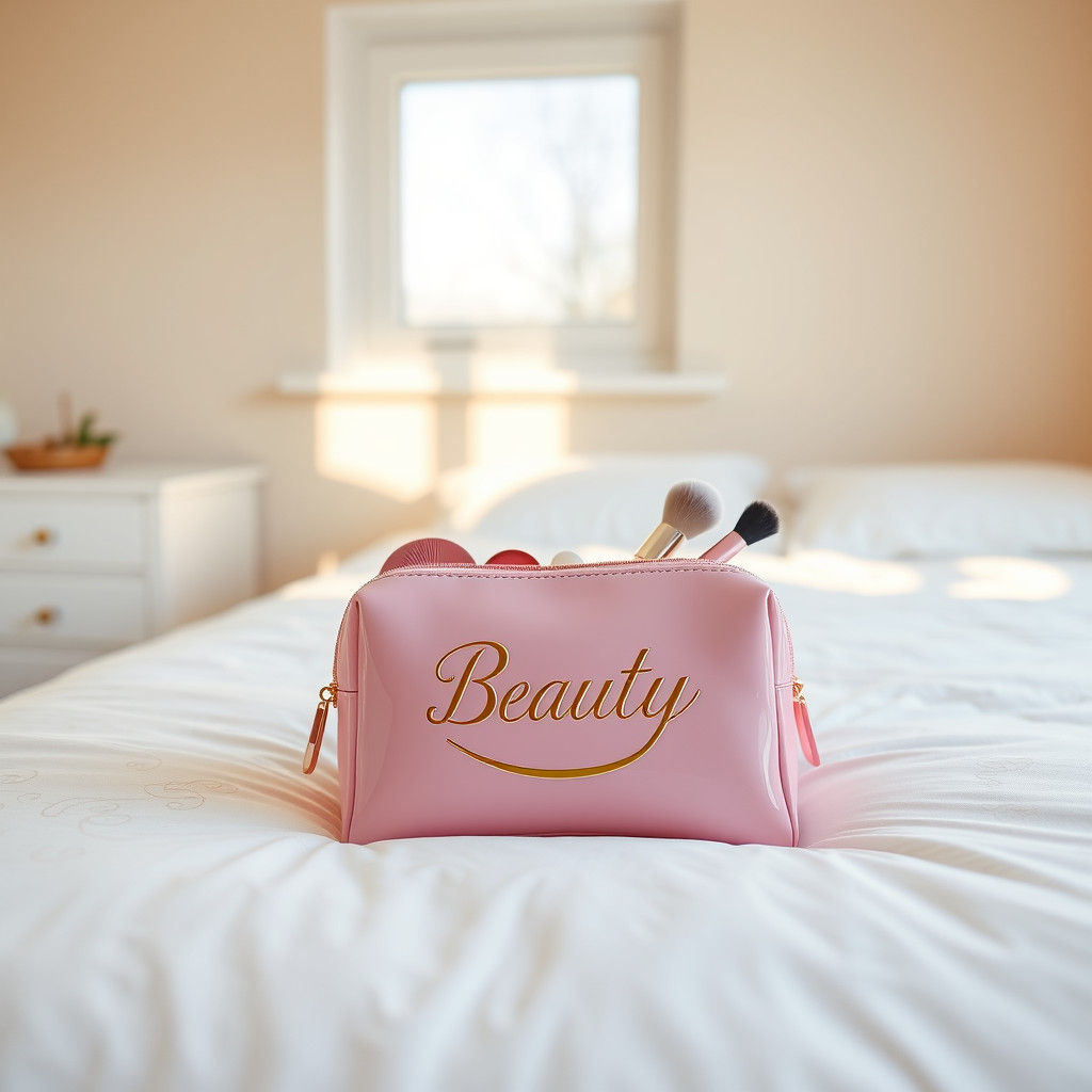 Pastel Bedroom with Beauty Makeup Bag in Dreamy Light