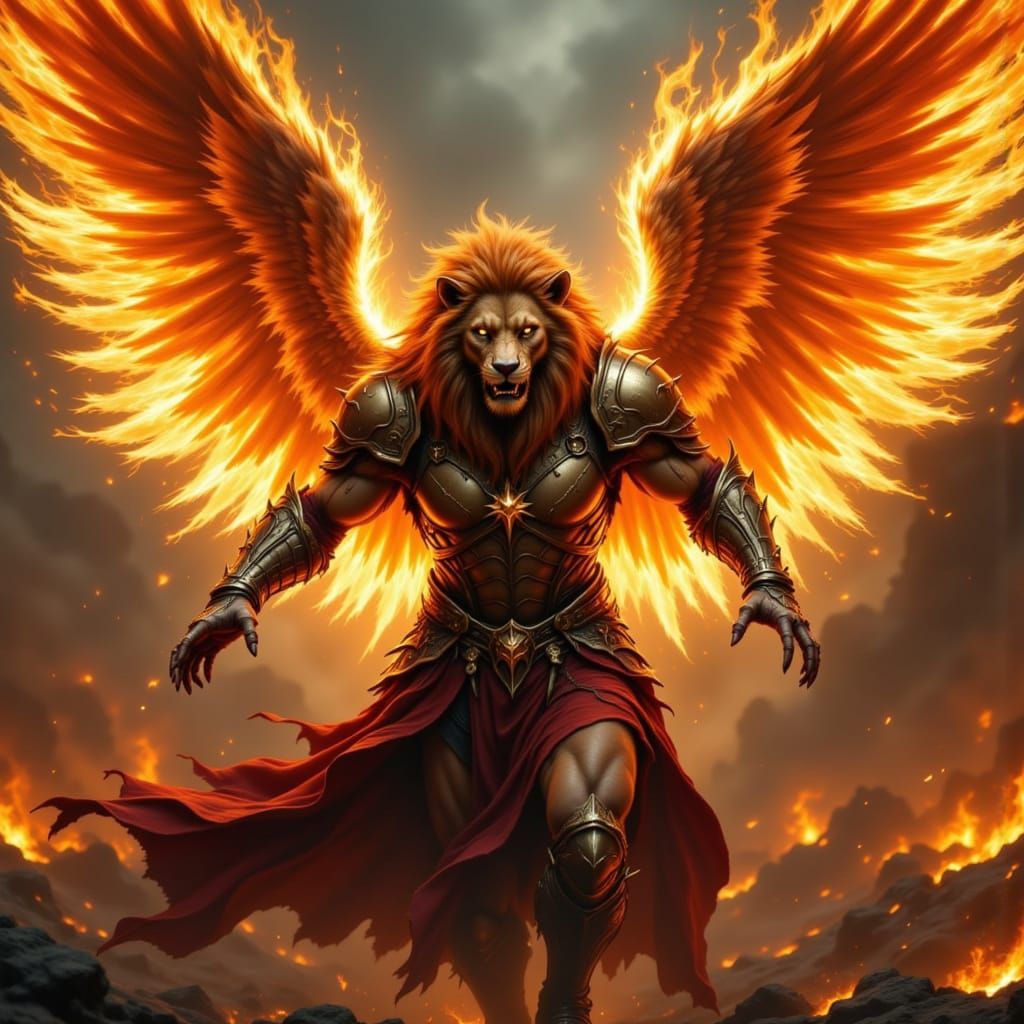 Fiery Winged Lion-Headed Archangel in Golden Armor