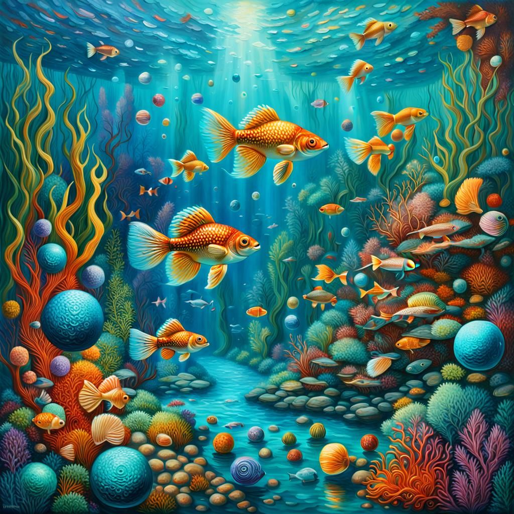 Underwater Paradise with Turquoise Orbs as Oil Painting