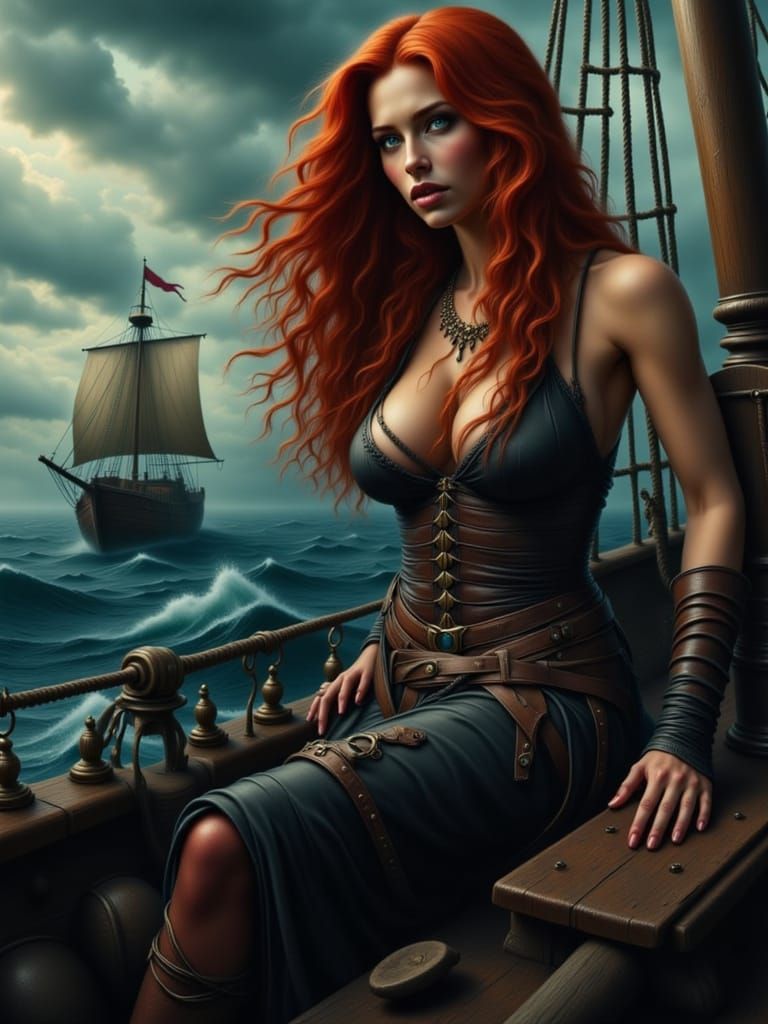 Voluptuous Red-Haired Pirate on Stormy Seas