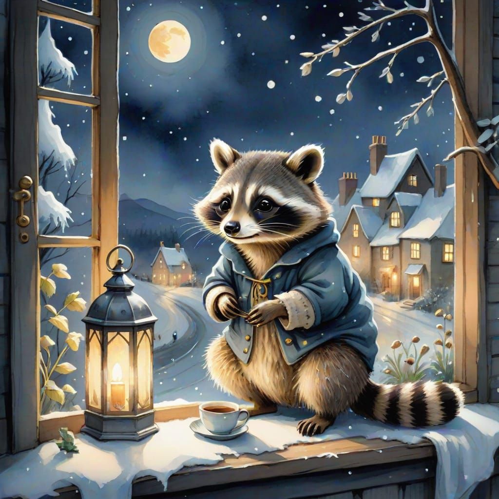 Cozy Winter Scene with Raccoon in Nightcap and Pajamas