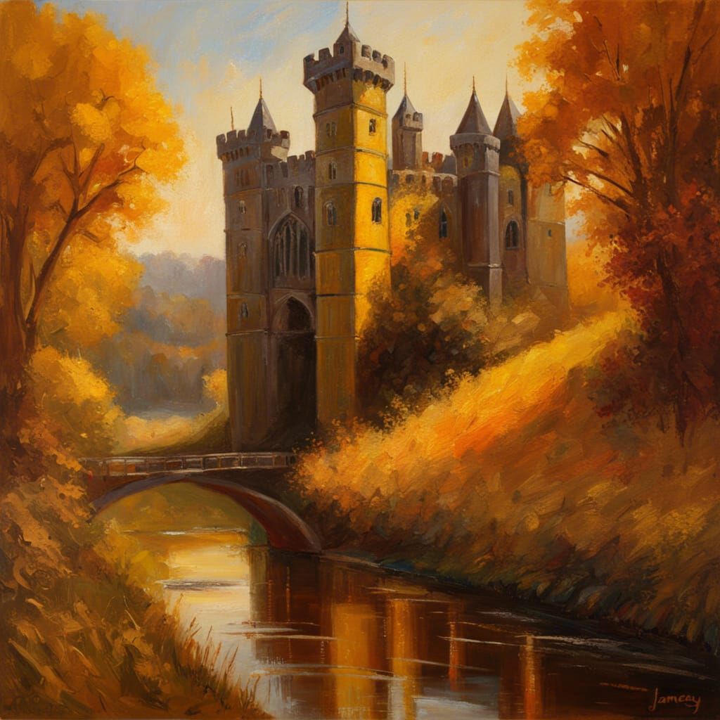 Gothic Castle and Golden Autumn Landscape