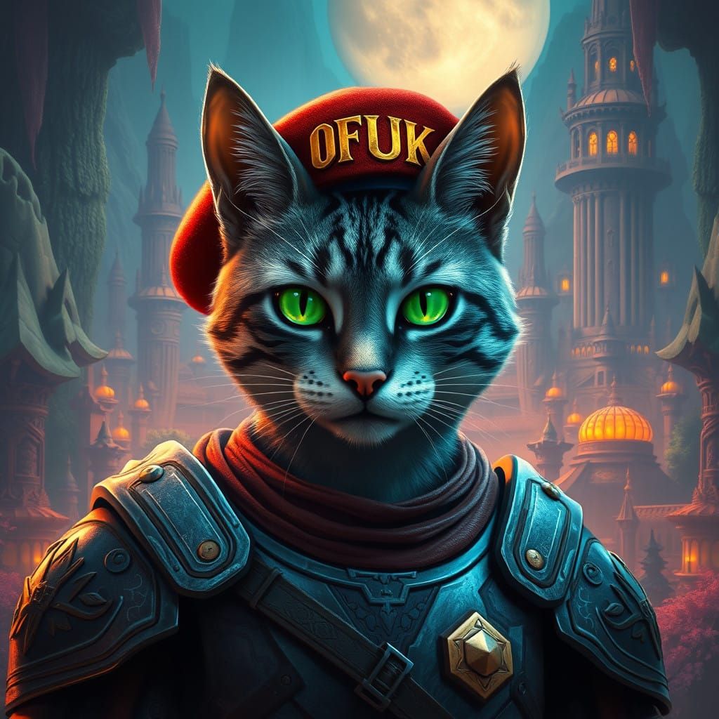 Regal Cat Soldier in Ancient, Fantastical Forest