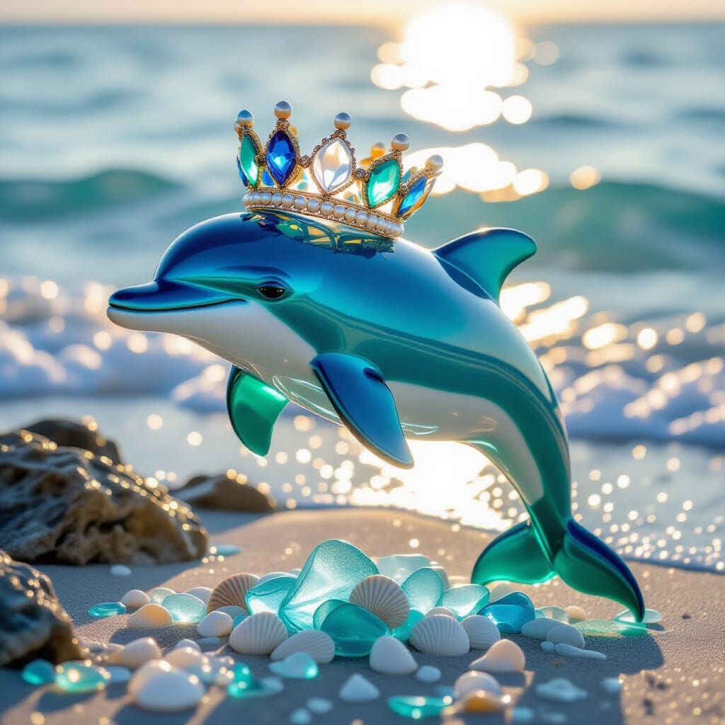 Sea Glass Dolphin Sculpture with Ornate Crown