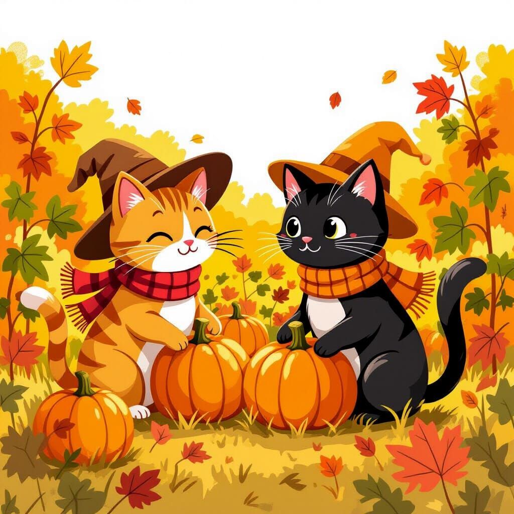 Cartoon Cats Picking Pumpkins on Autumn Day