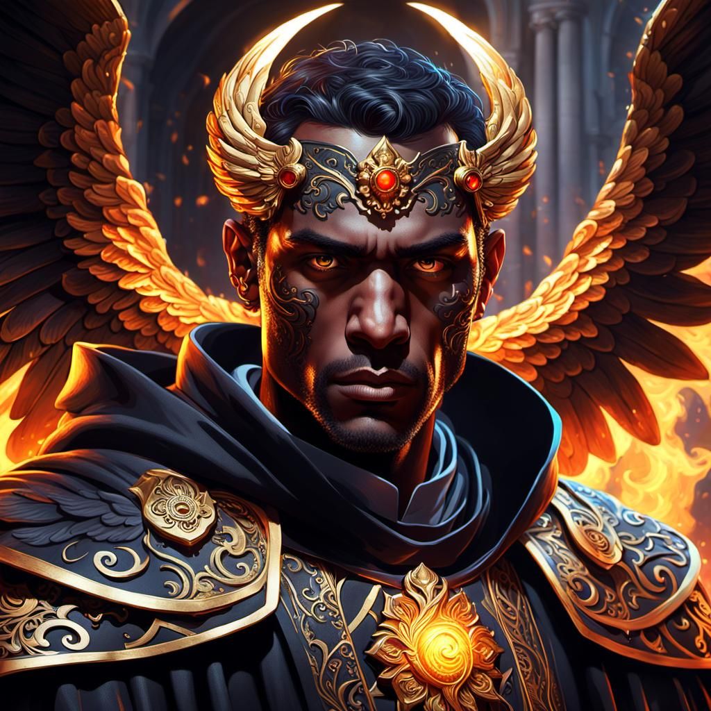 Dark Angel in Ornate Robes, Illuminated by Warm Flame