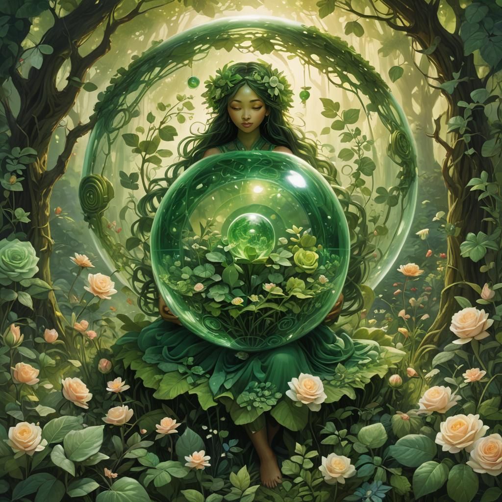Radiant Green Orb of Love in Nature's Embrace