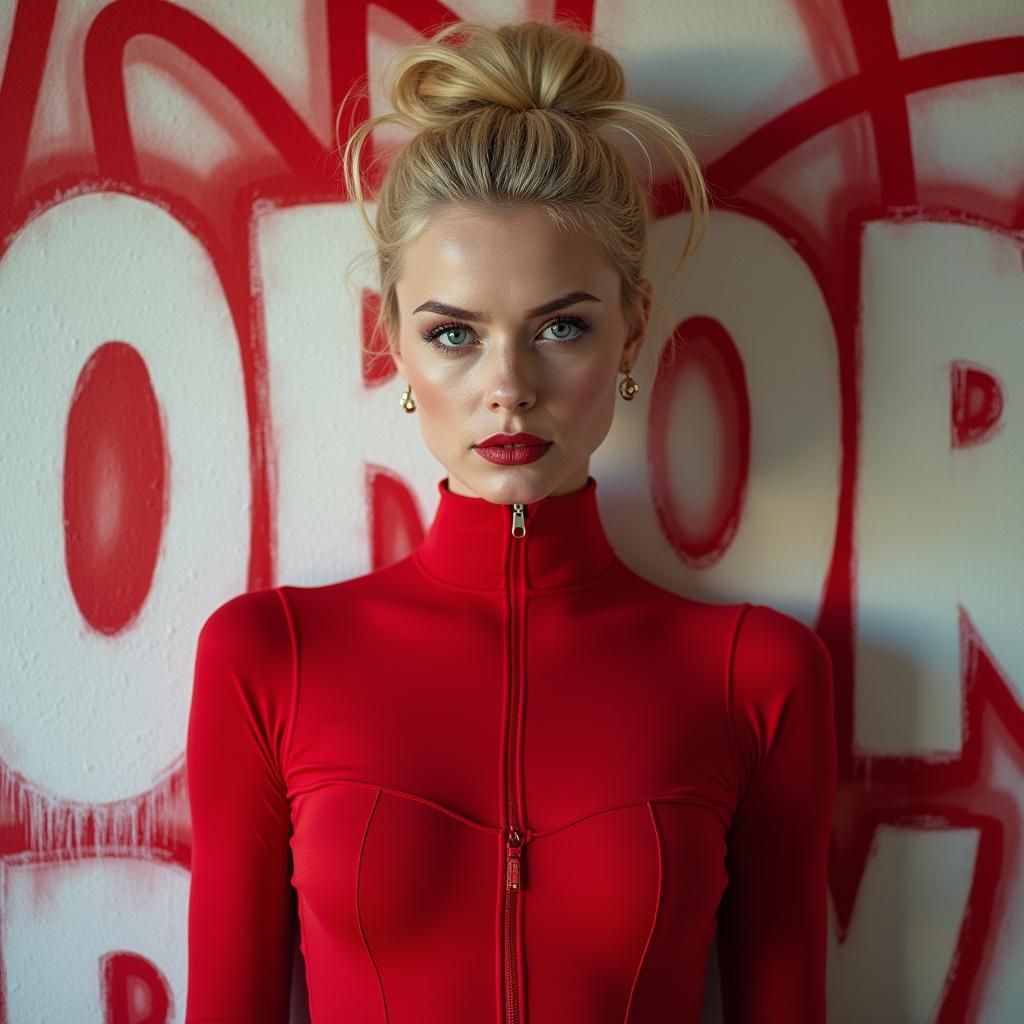 Blonde Woman in Red Bodysuit with Graffiti Background