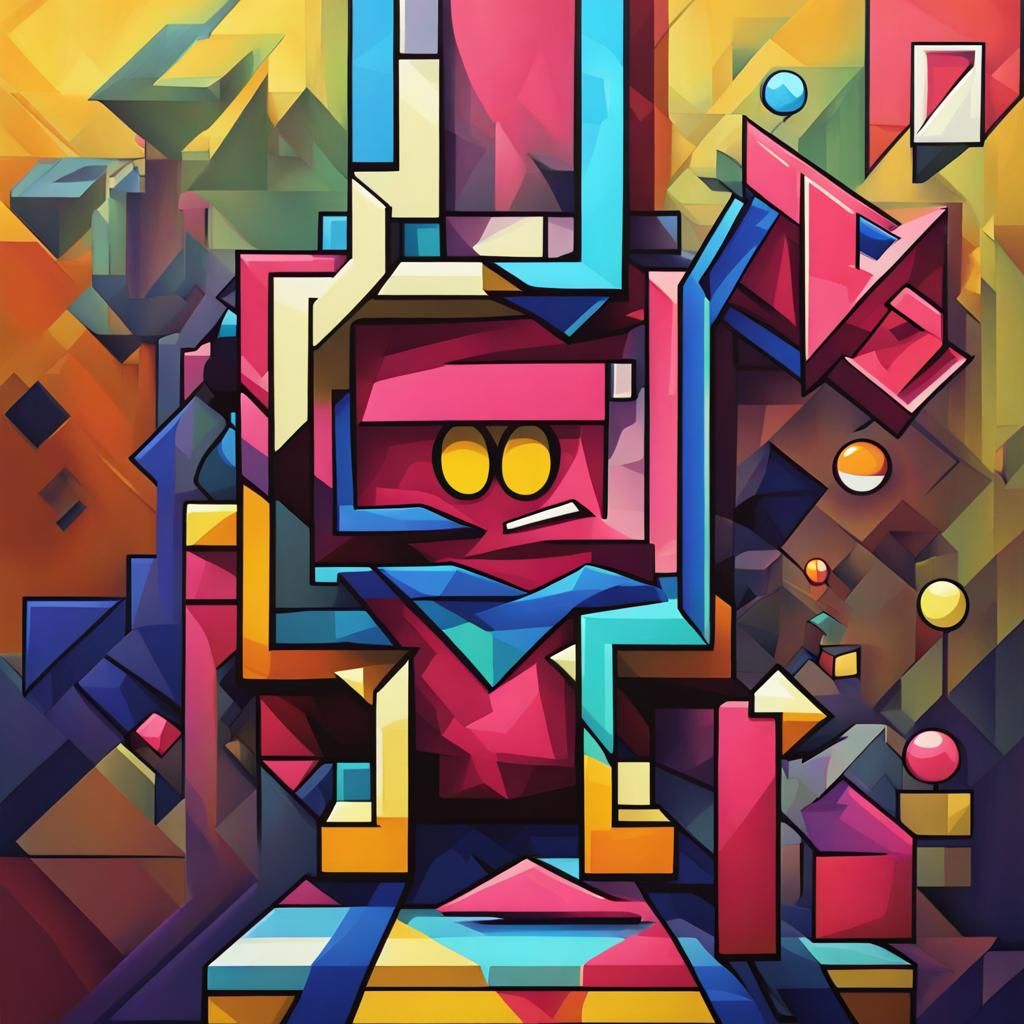 Geometric Cubist Painting with Art Deco Elements