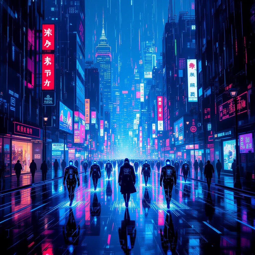 Cyberpunk Cityscape with Ethereal Figures in Neon Rain