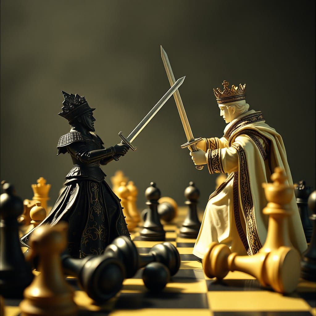 Chess Duel: Black Queen vs White King in Cinematic Style