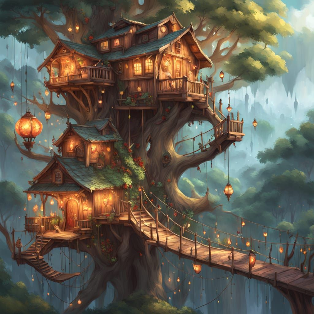 Whimsical Treehouse Village in a Glowing Tree