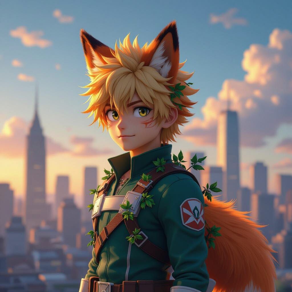 Hero with Vine Fox Tail in Vibrant Cityscape