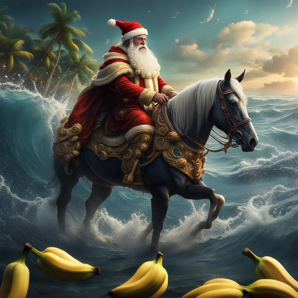 Santa Claus Rides Banana Through Ocean