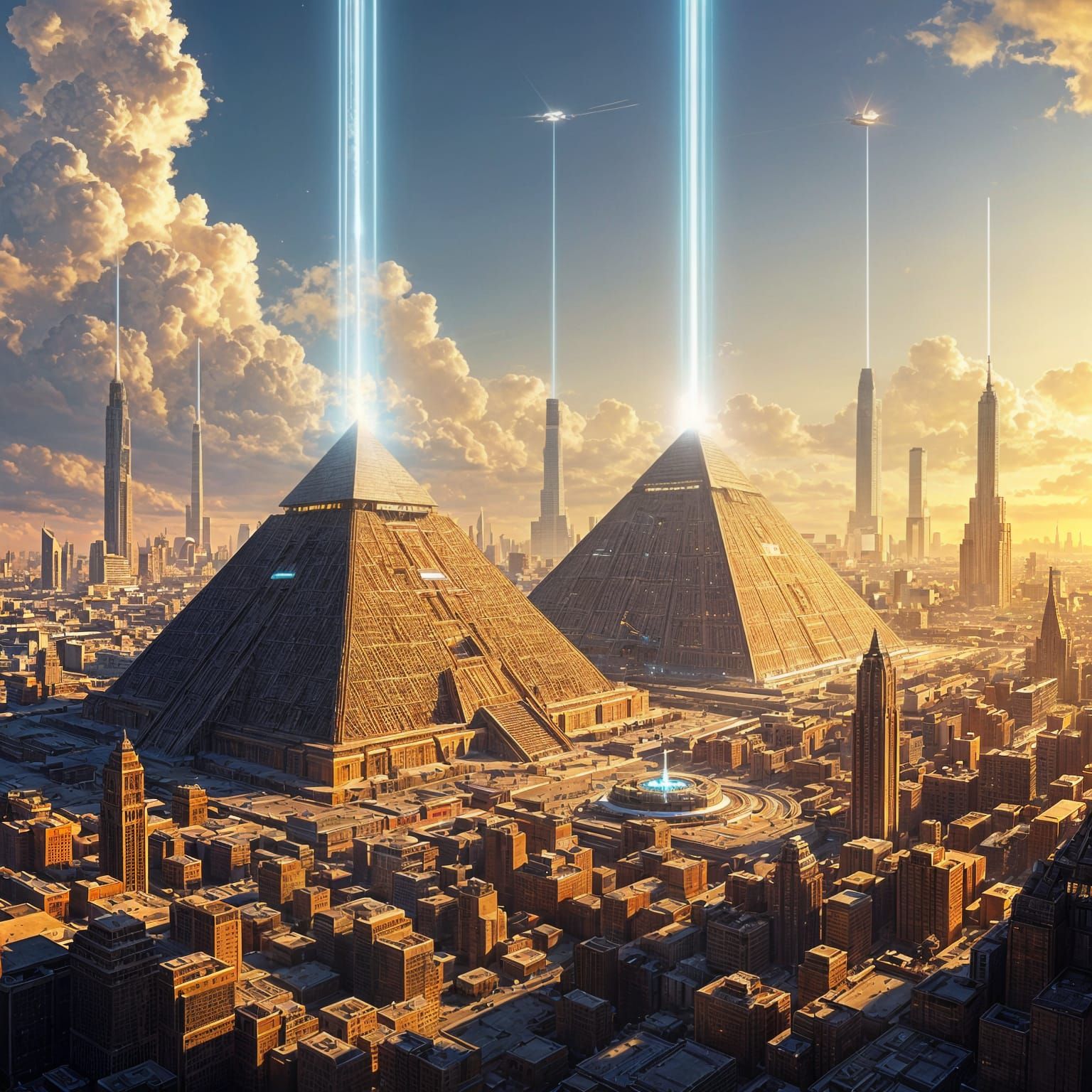 Cyberpunk Cityscape with Glowing Pyramids and Blue Beams