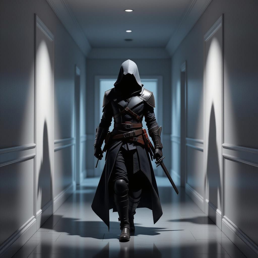 Shadowed Hallway Assassin in Dark Atmosphere