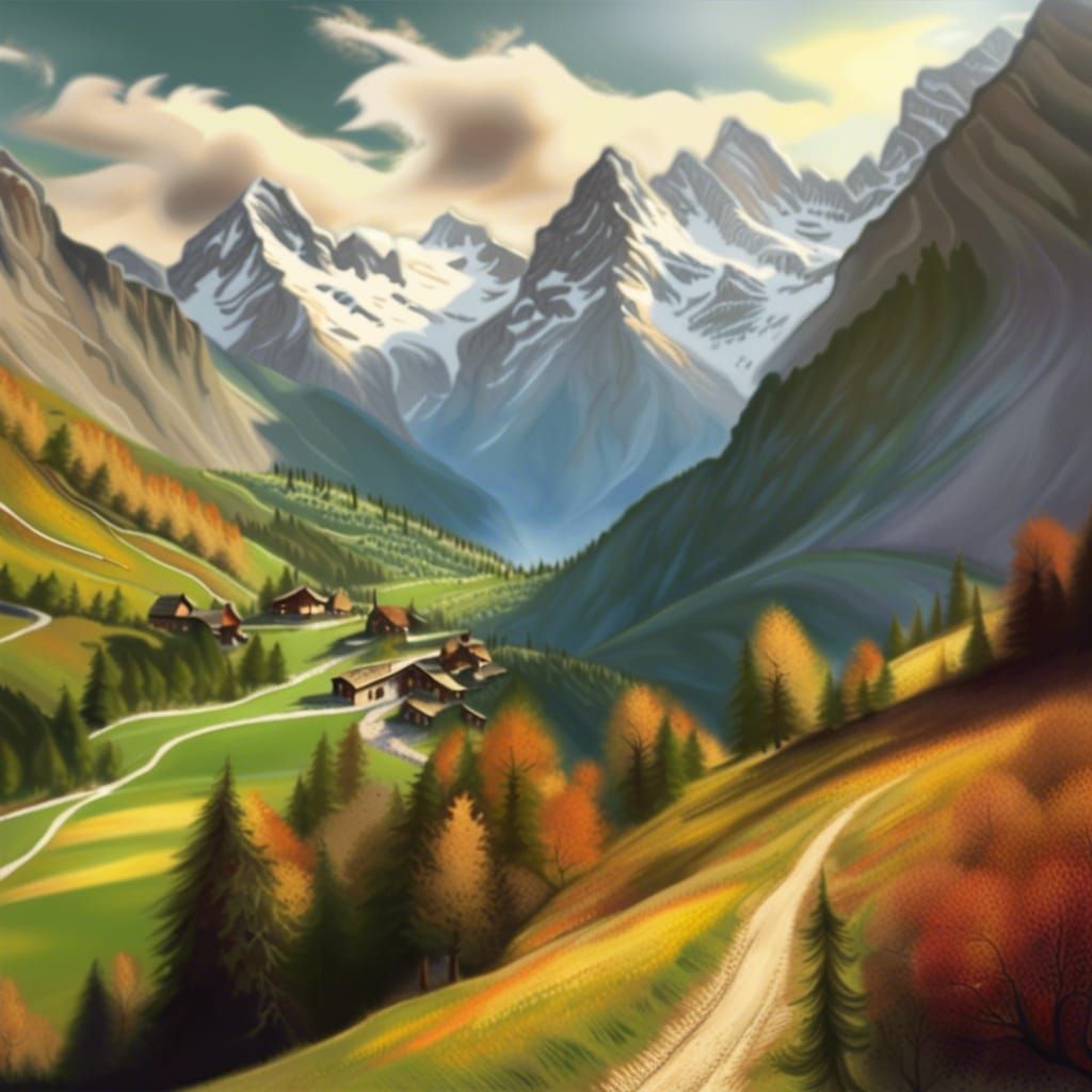 Renaissance Painting of Breathtaking Swiss Alps Panorama