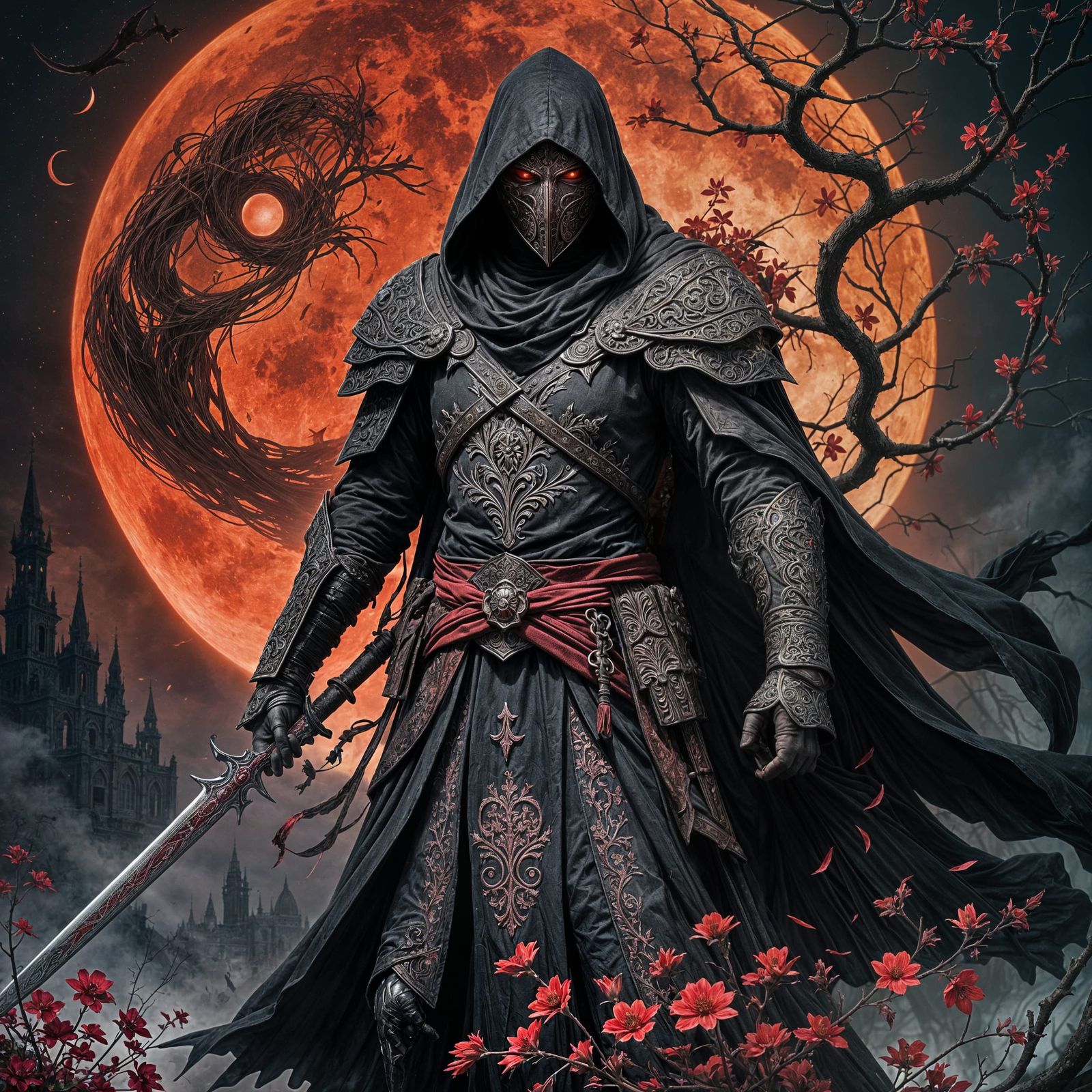 Gothic Warrior Stands Before Blood-Red Moon