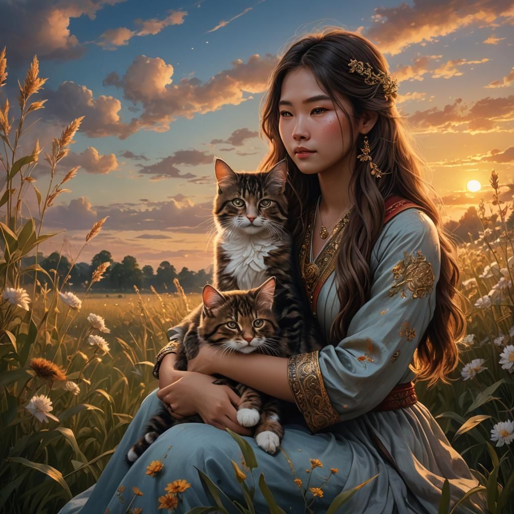 Girl with Kitten in Sunset Field: Fantasy Art