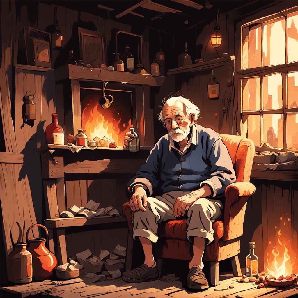 Elderly Man in Dimly Lit Room, Studio Ghibli Style