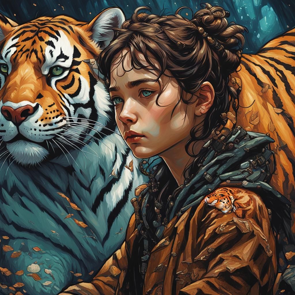 Princess and Tiger Portrait in Solarpunk Style