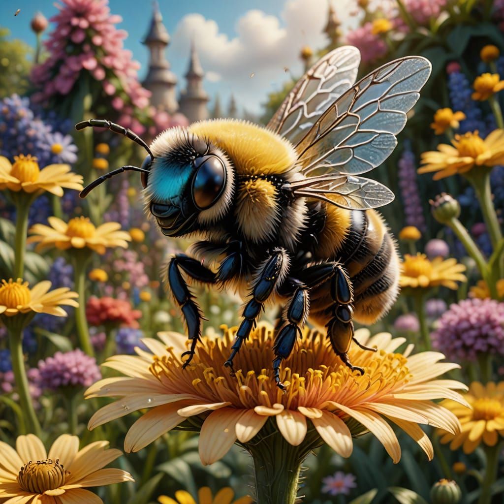 Fairy and Bumblebee in Vibrant Garden