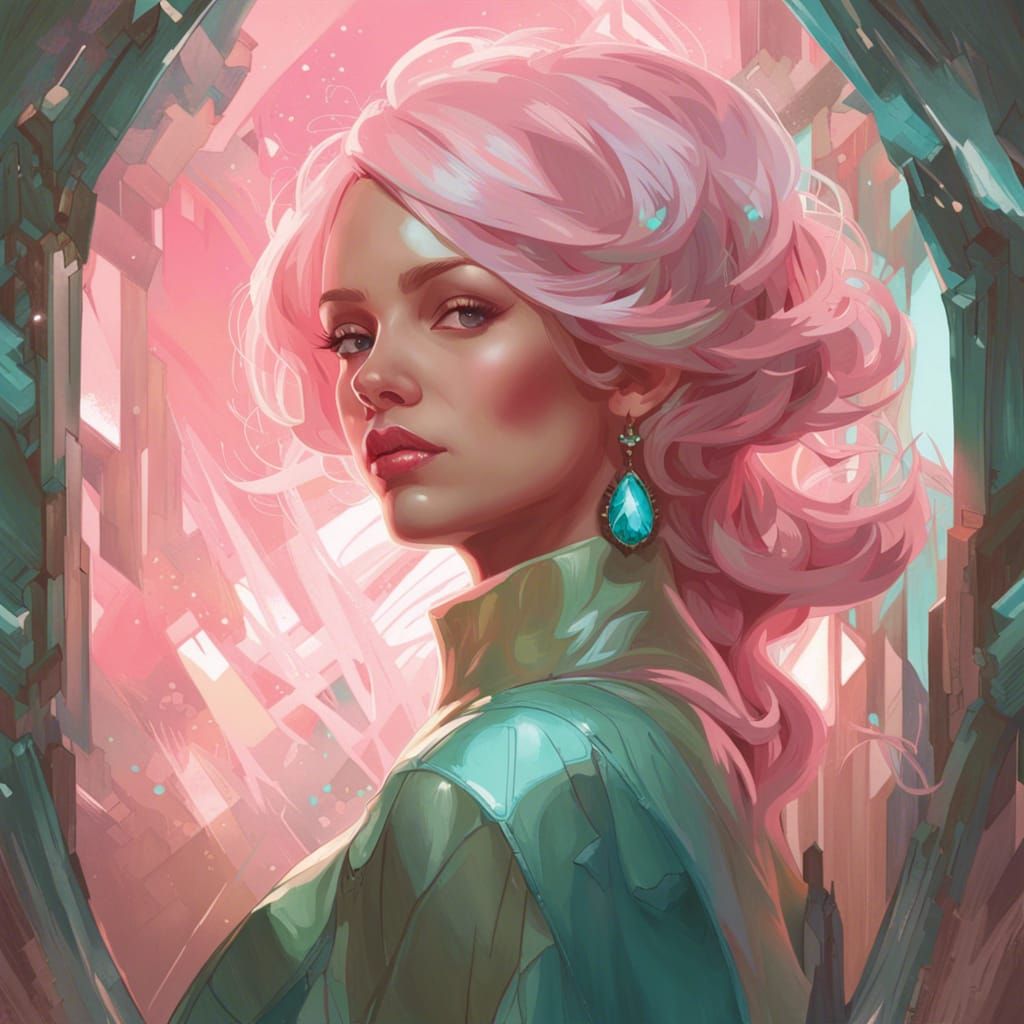 Shimmering Crystal Portrait in Millennial Pink and Turquoise