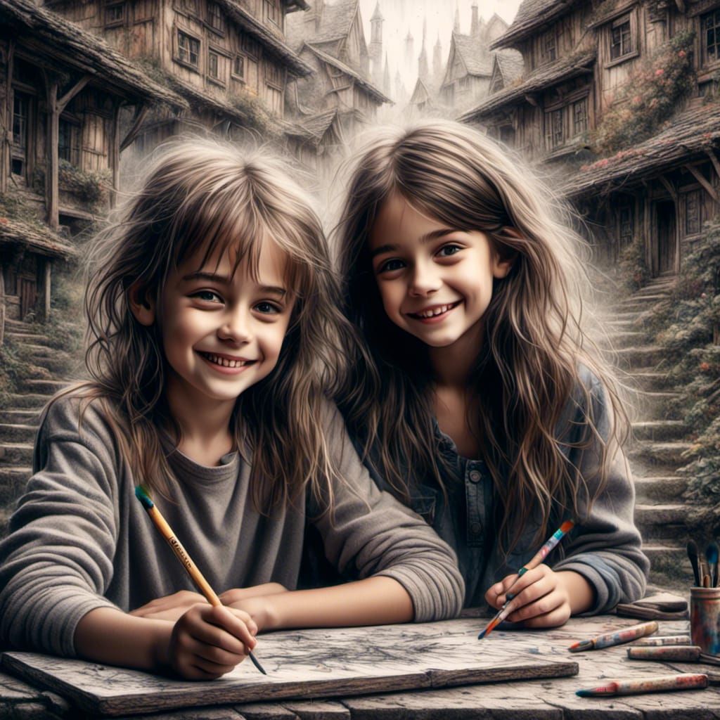 Hyperreal Over-detailed Ink Drawing with Linework patters elements, Close-up young girls