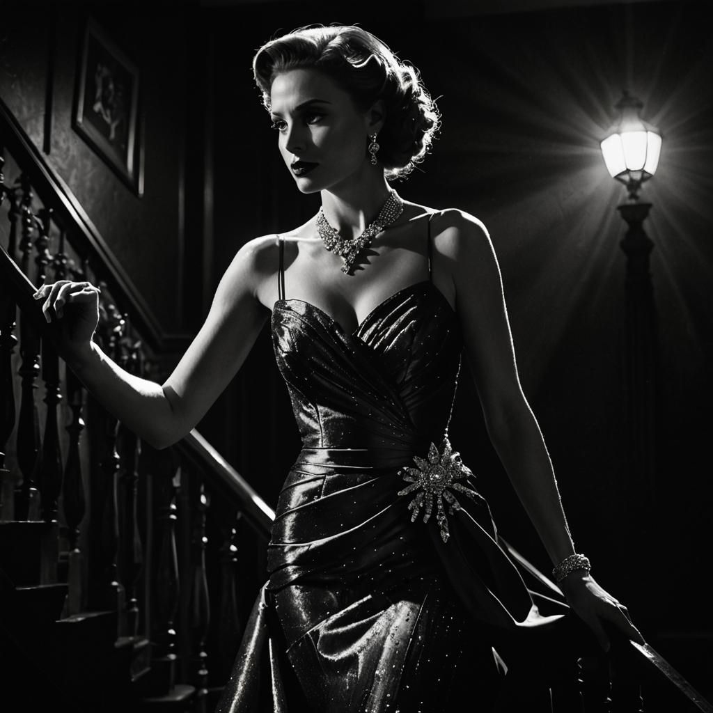 Glamorous Woman Descends Stairs in Film Noir Style