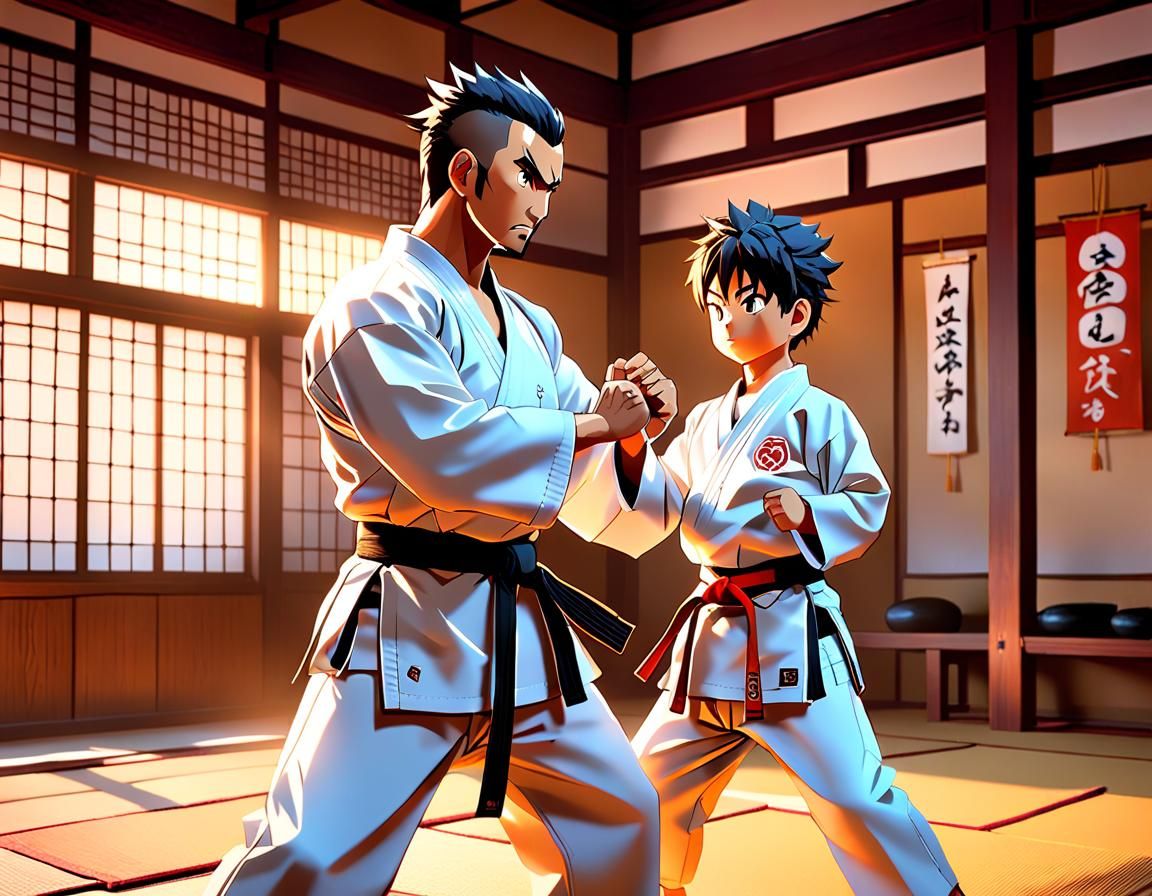 Father and Son Karate Training in Dojo: Anime Style