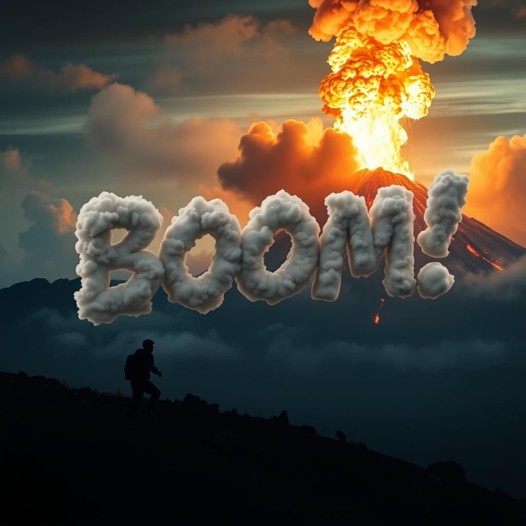Volcanic Eruption with Text in Gritty Photorealism