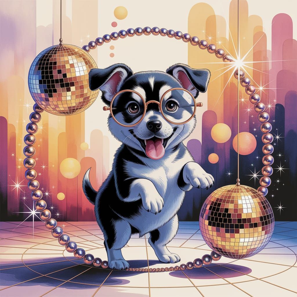 Puppy Dancing in Disco Ball Ring, Watercolor Art