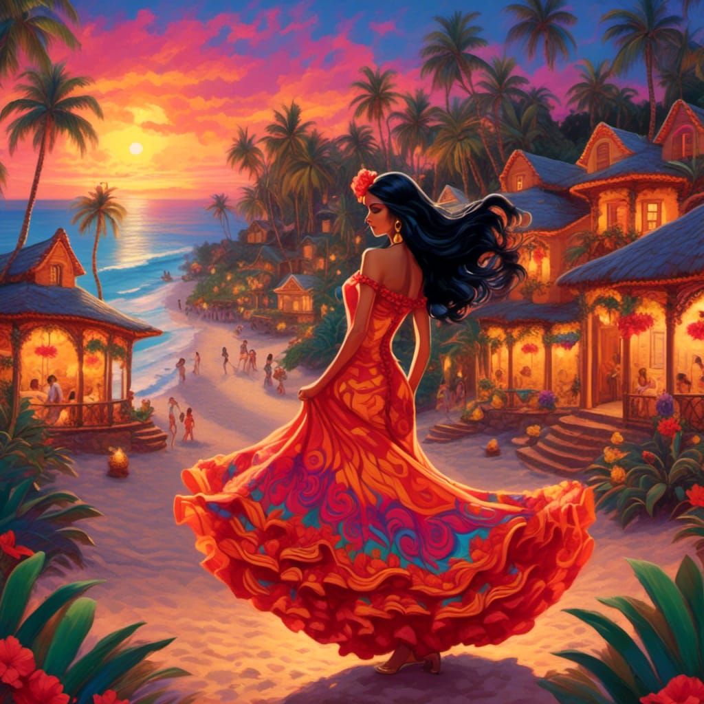 Flamenco Dancer on Tropical Beach in Matte Style