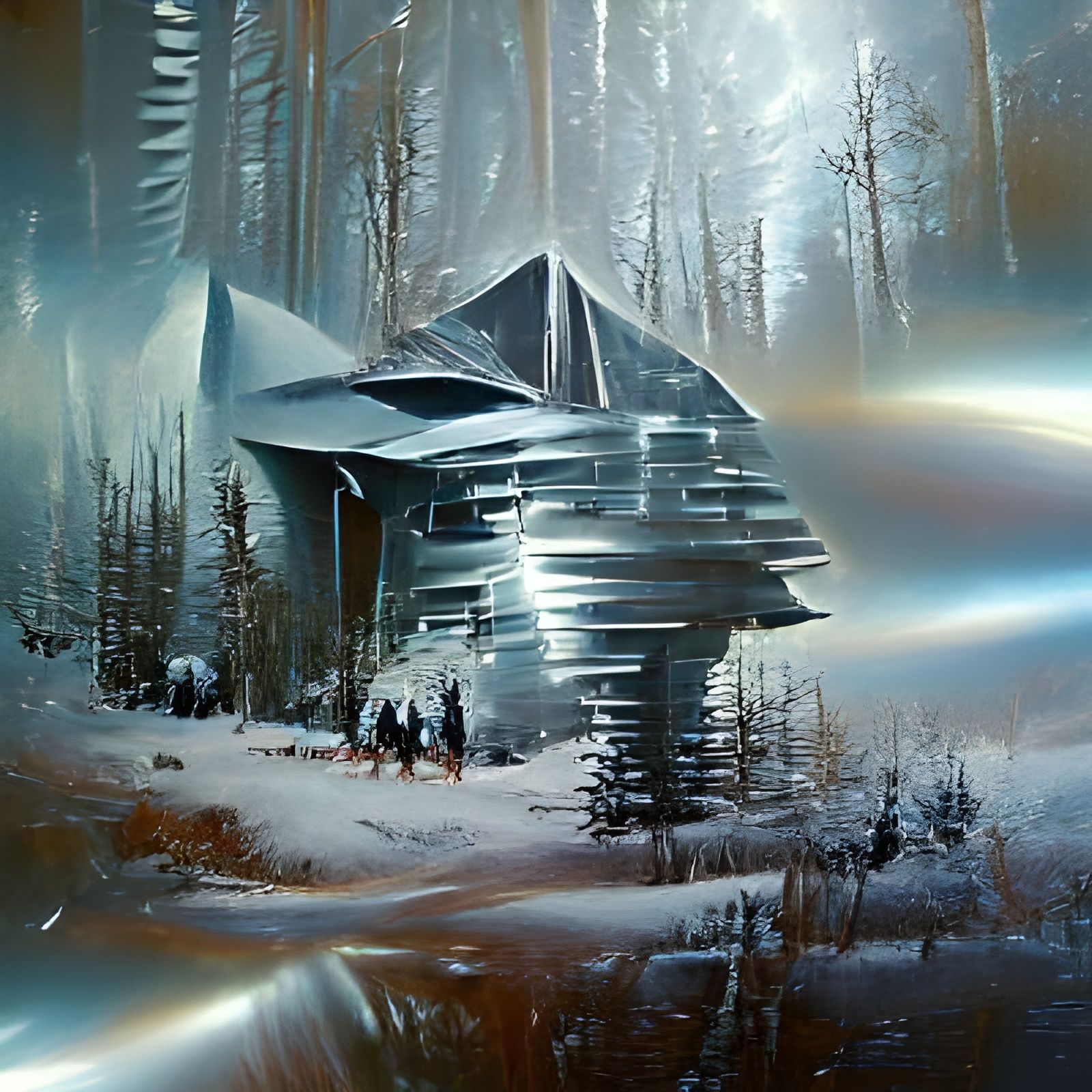Sci-Fi Cabin in Metallic Forest: Oil Painting
