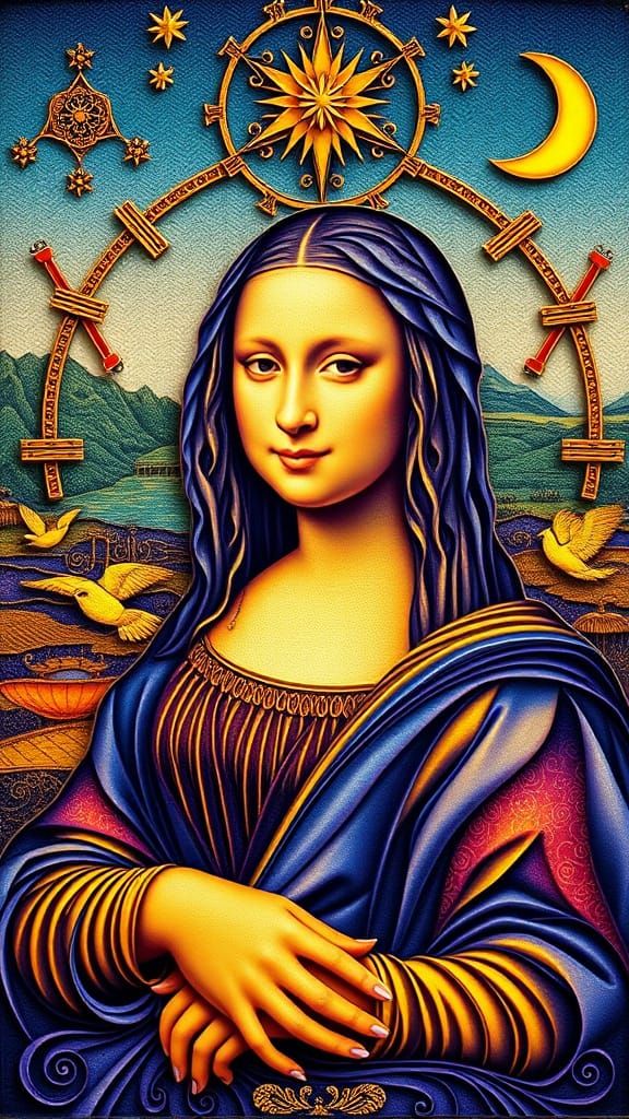 Lucy in the Sky With Mona Lisa Moebius contrasting colors deep color yellow and purple yellow and blue Ukiyo-e filigree ...