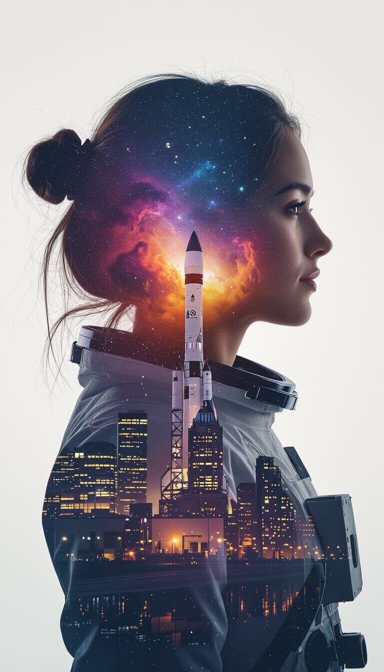 Astronaut Double Exposure with Cityscape and Galaxy Sky